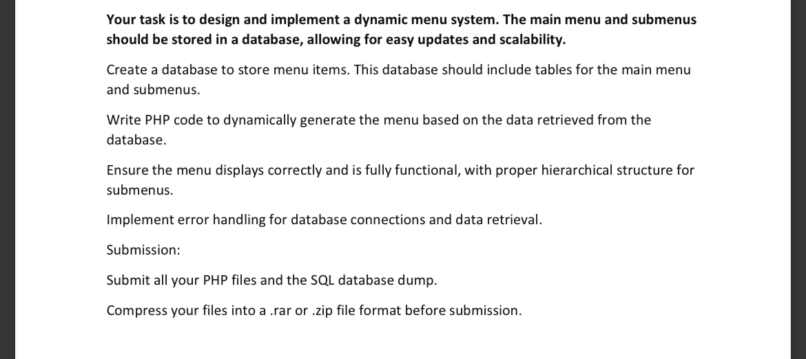Solved Your task is to design and implement a dynamic menu | Chegg.com