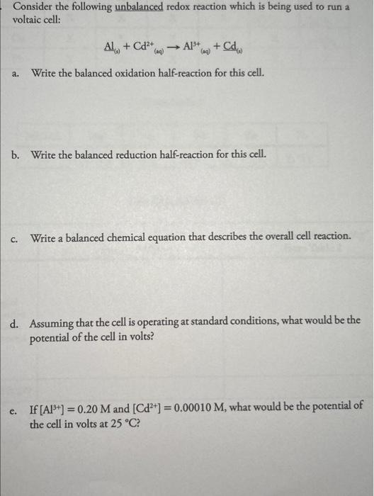 Solved Consider The Following Unbalanced Redox Reaction | Chegg.com