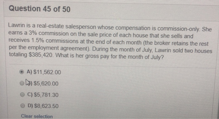 Solved Question 45 of 50 Lawrin is a real-estate salesperson | Chegg.com