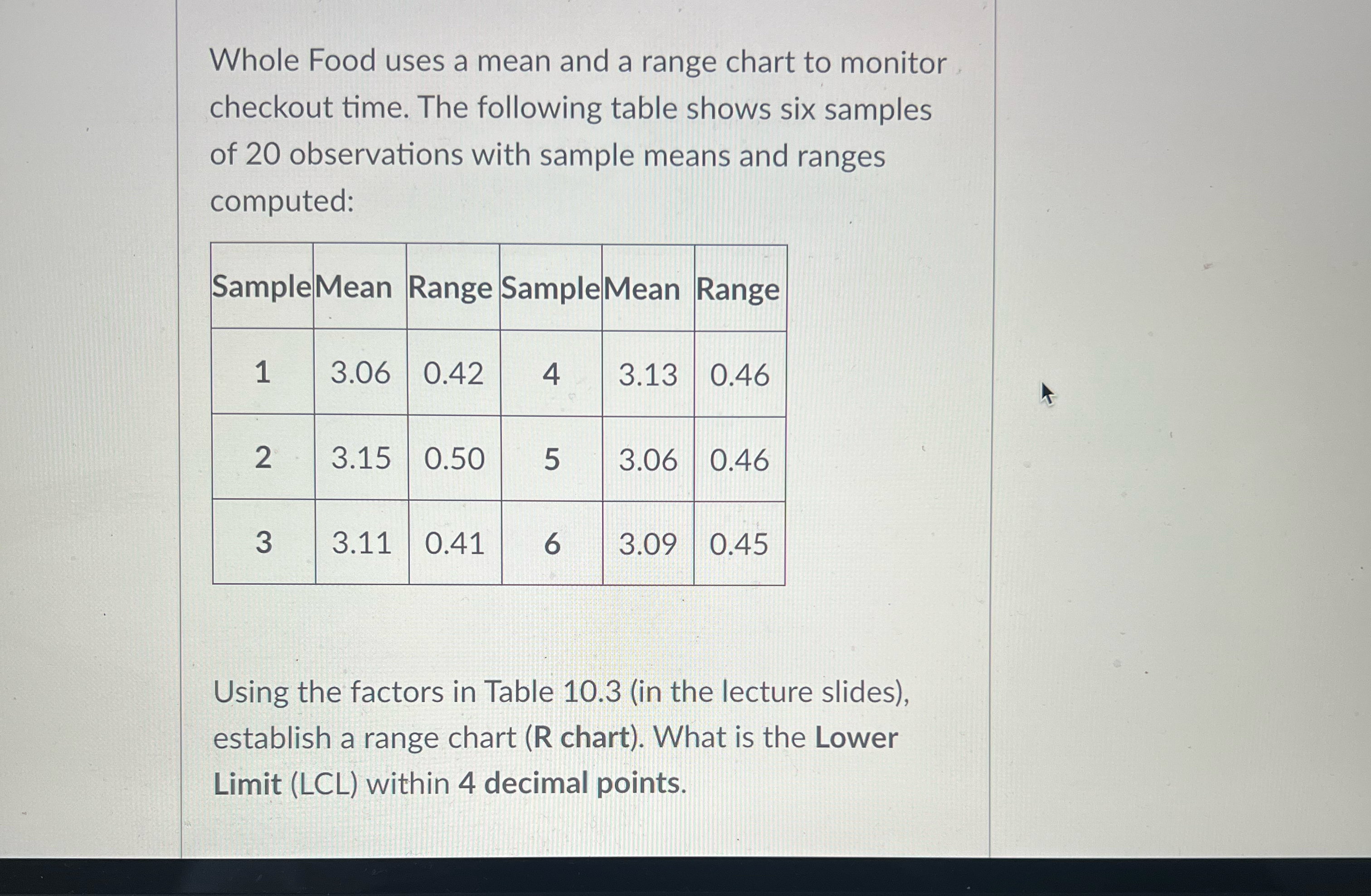 Solved Whole Food uses a mean and a range chart to monitor | Chegg.com