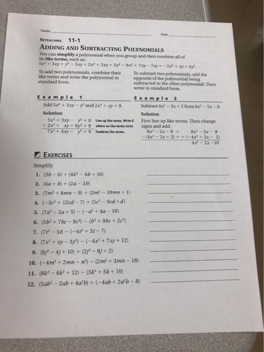 Solved Name Reteaching 11 1 Adding And Subtracting Chegg Com