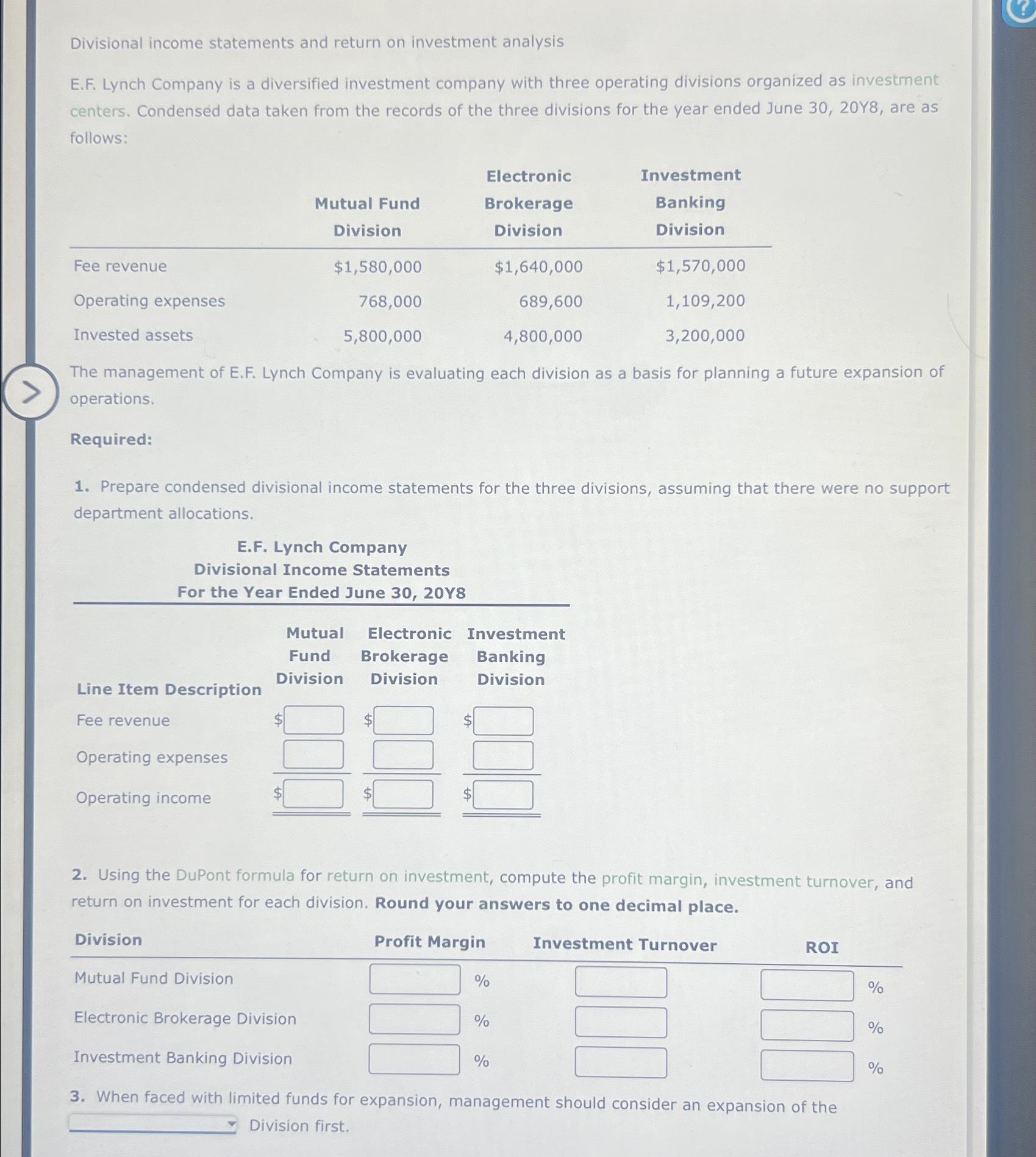 Solved Divisional income statements and return on investment | Chegg.com