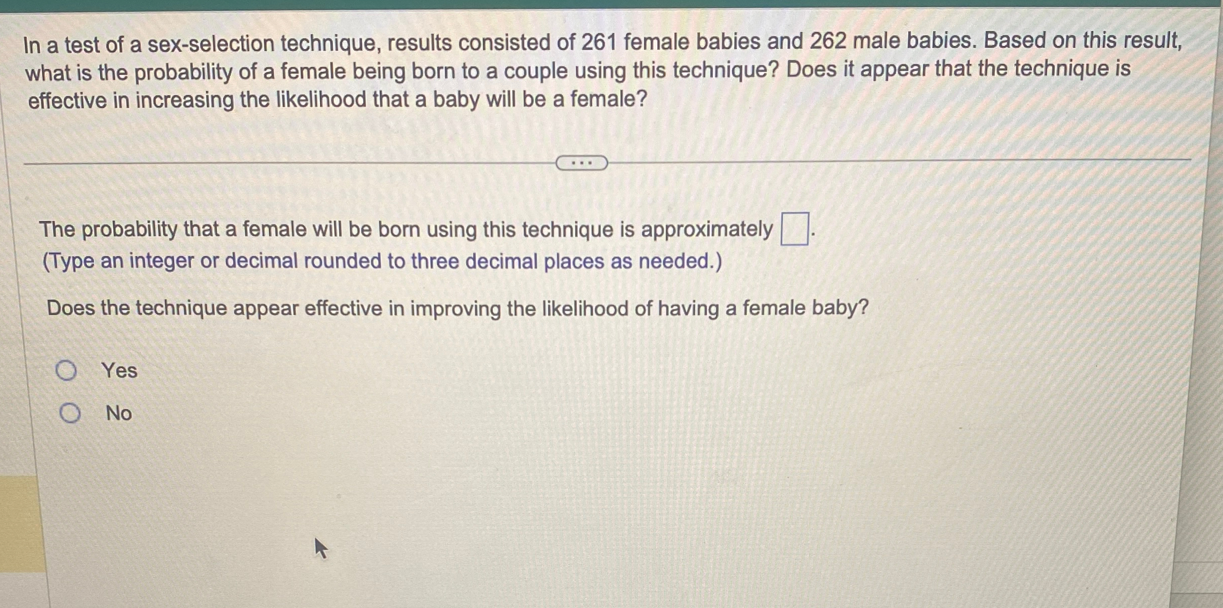 Solved In a test of a sex-selection technique, results | Chegg.com