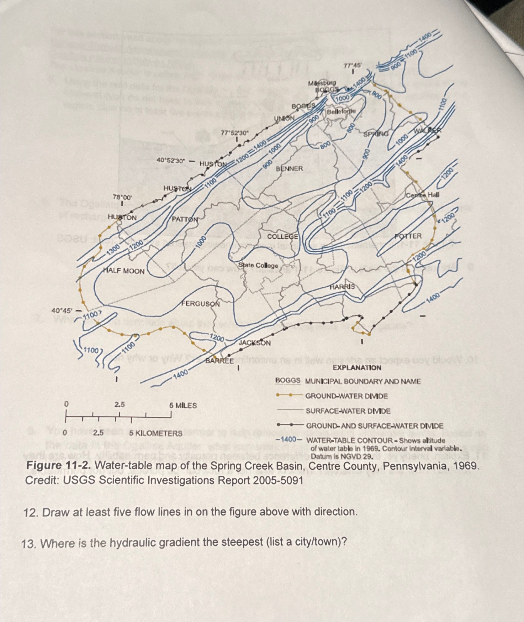 Solved Figure 11-2. ﻿Water-table map of the Spring Creek | Chegg.com