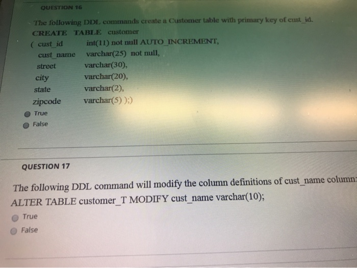 Solved QUESTION 16 The following DDL commands create a | Chegg.com