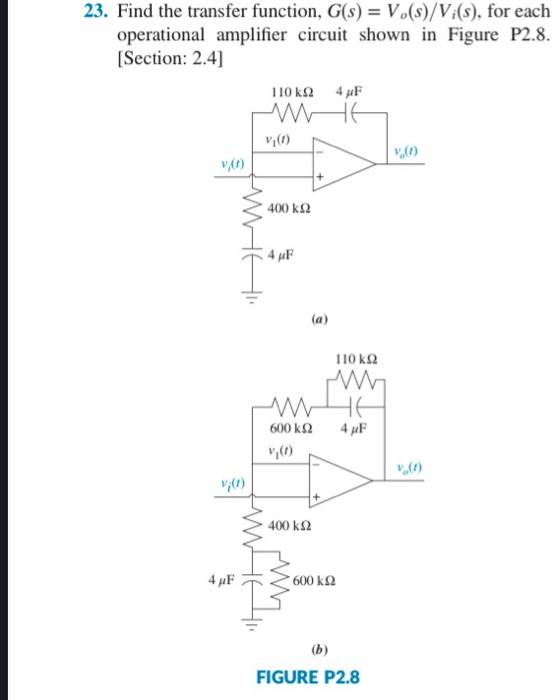 Solved 23. Find the transfer function, G(s)=Vo(s)/Vi(s), for | Chegg.com