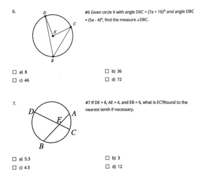 Solved 6 6 Given Circle X With Angle Dxc A 16 An Chegg Com