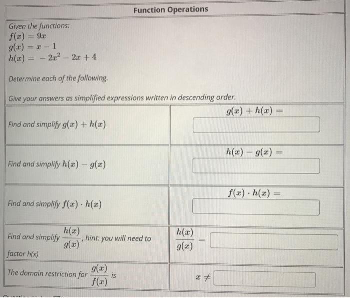 Solved Function Operations Given the functions: f(x) = 9.2 | Chegg.com