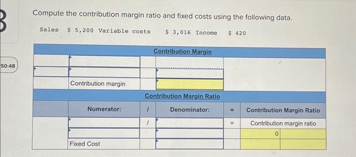 Solved Compute the contribution margin ratio and fixed costs | Chegg.com