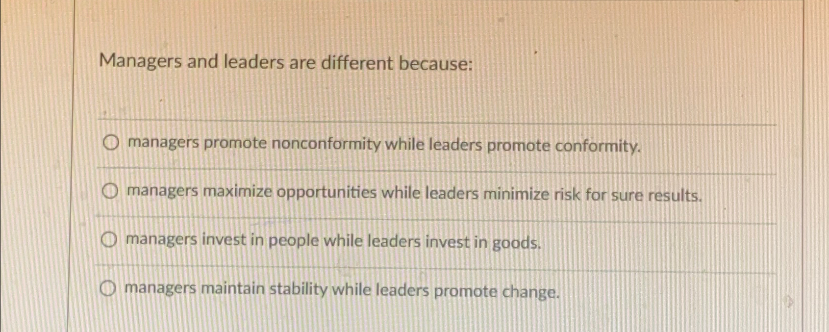 Solved Managers and leaders are different because:managers | Chegg.com