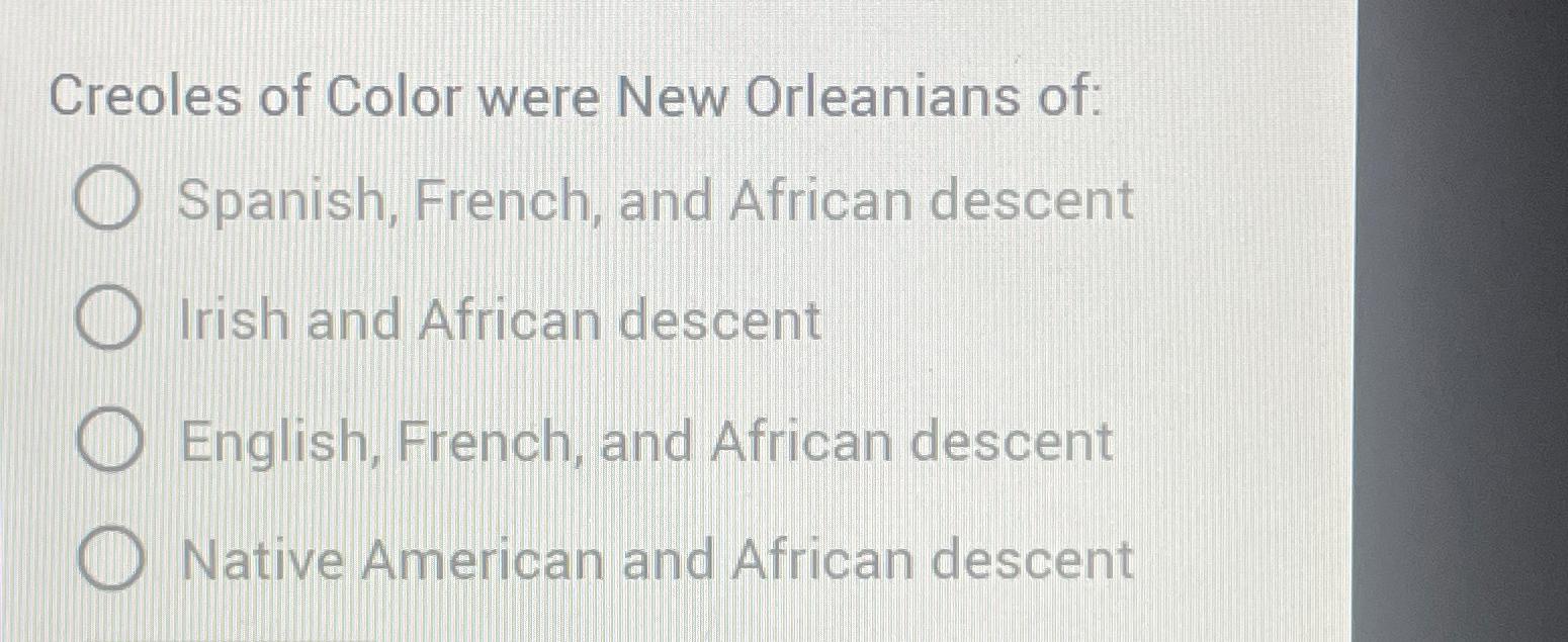Solved Creoles of Color were New Orleanians of:Spanish, | Chegg.com