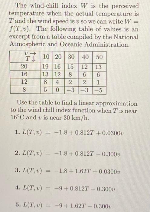 Solved A The Wind-chill Index W Is The Perceived Temperature | Chegg.com