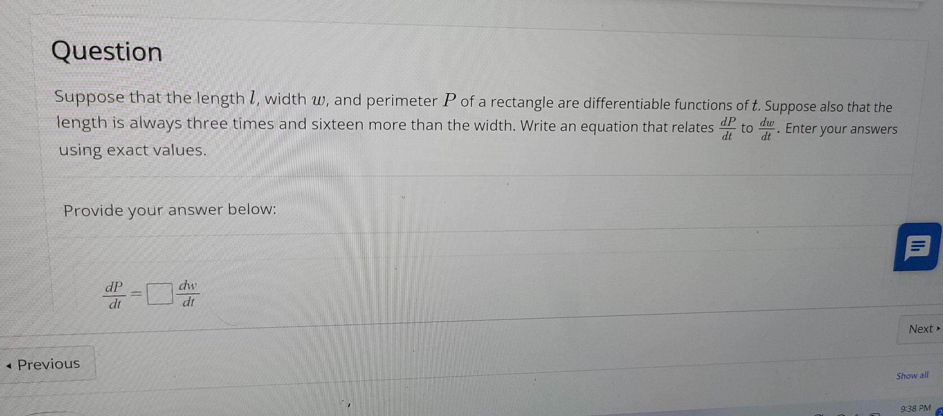 Solved 4 Question Suppose That The Length 1, Width W, And | Chegg.com