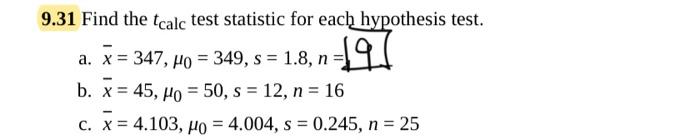 Solved 9.31 Find the tcalc test statistic for each | Chegg.com