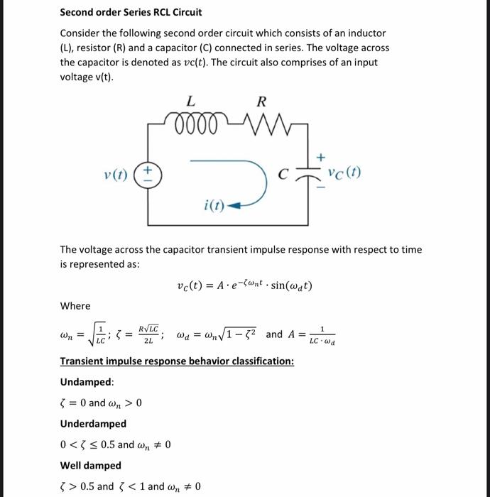 Solved Second order Series RCL Circuit Consider the | Chegg.com