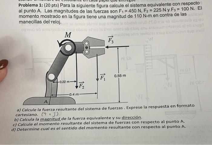 Problema 1: (20 pts) Para la siguiente figura calcule el sistema equivalente con respecto al punto A. Las magnitudes de las f