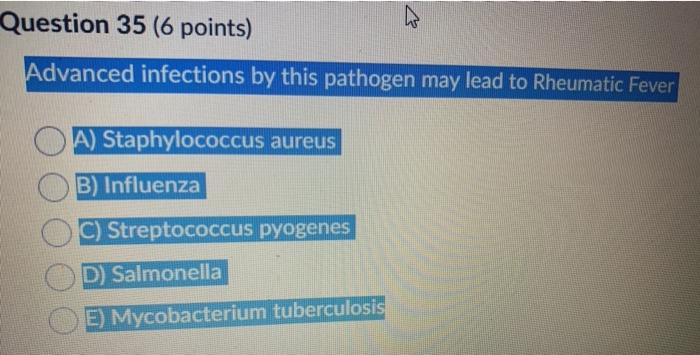 Question 35 (6 points) Advanced infections by this pathogen may lead to Rheumatic Fever A) Staphylococcus aureus B) Influenza