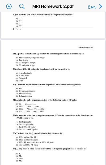 Solved MRI Homework 2.pdf رجوع 27) In MRI the spin-lattice | Chegg.com
