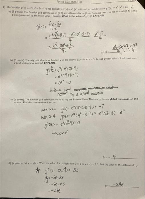 1) The function g(x)=ex(x2−2x−7) has derivative | Chegg.com