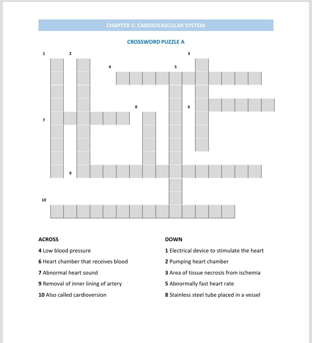Solved CHAPTER 5 CARDIOVASCULAR SYSTEM CROSSWORD PUZZLE A 1 Chegg