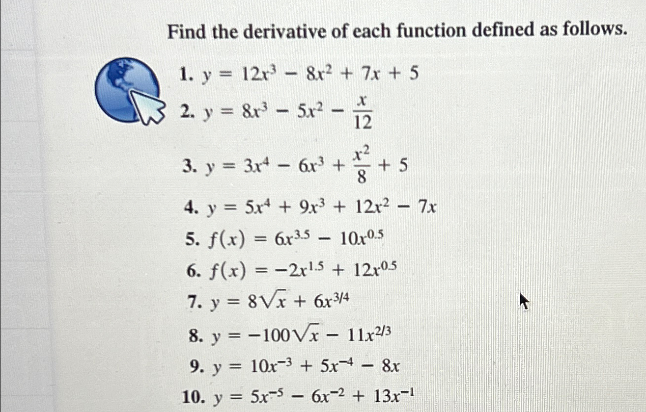 Solved Find the derivative of each function defined as | Chegg.com