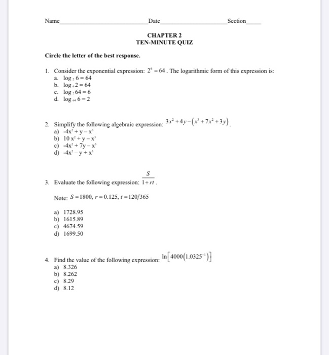 Solved Name Date Section CHAPTER 2 TEN-MINUTE QUIZ Circle | Chegg.com