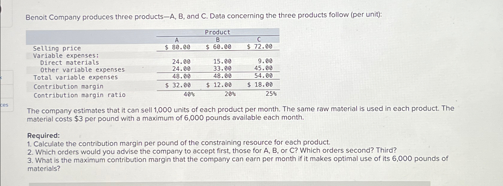 Solved Benoit Company produces three productsA, ﻿B, ﻿and C.
