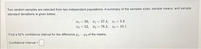 Solved Two random samples are selected from two independent | Chegg.com