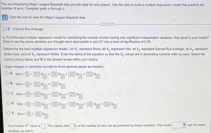 Solved The accompanying Major League Baseball data provide | Chegg.com