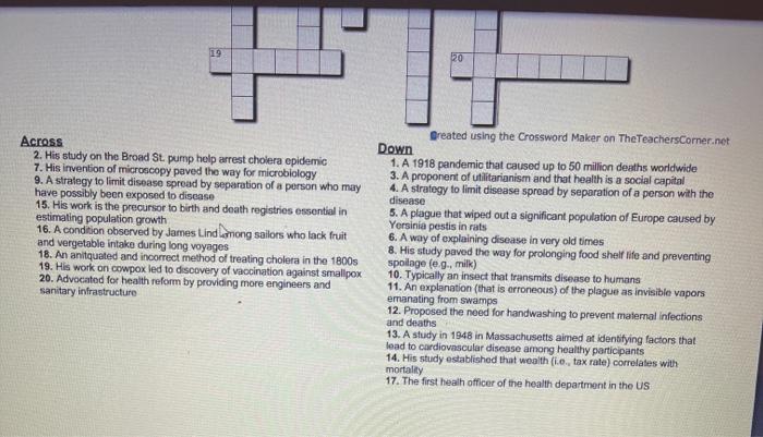 19 20 Across 2. His study on the Broad St pump help arrest cholera epidemic 7. His invention of microscopy paved the way for