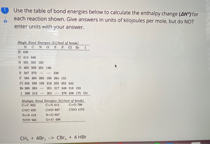 Solved Use The Table Of Bond Energies Below To Calculate The | Chegg.com