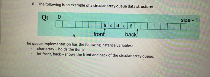8. The following is an example of a circular array queue data structure: 0 size - 1 III b c d e III front back! The queue imp