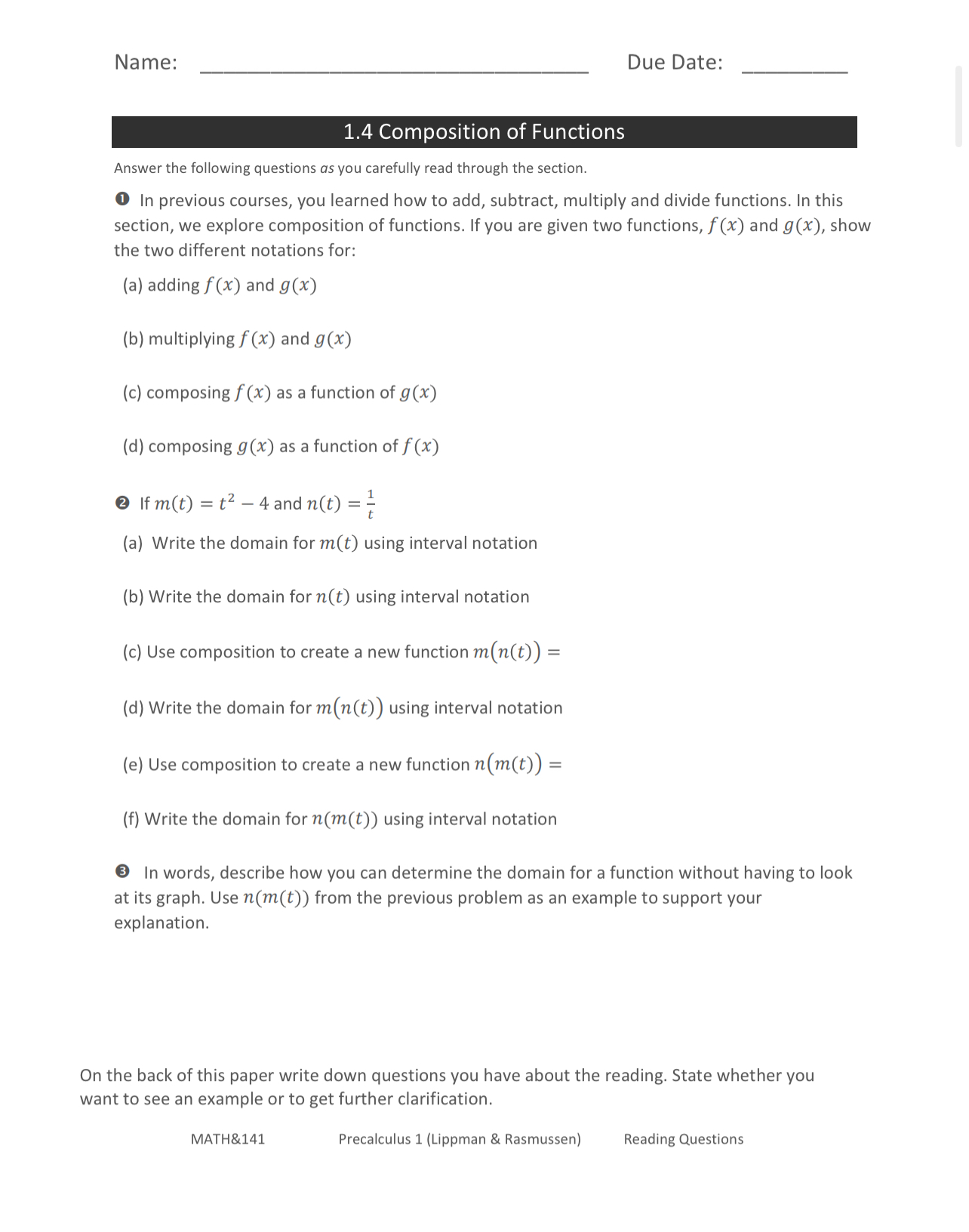 Solved 1.4 ﻿Composition of FunctionsAnswer the following | Chegg.com