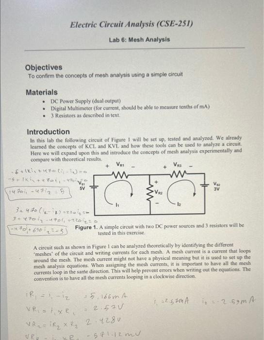 Solved Electric Circuit Analysis (CSE-251) Lab 6: Mesh | Chegg.com