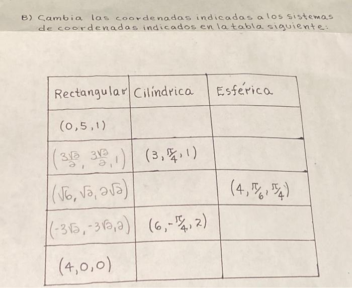 8) Cambia las coordenadas indicadas a los sistemas de coordenadas indicados en la tabla siguiente: