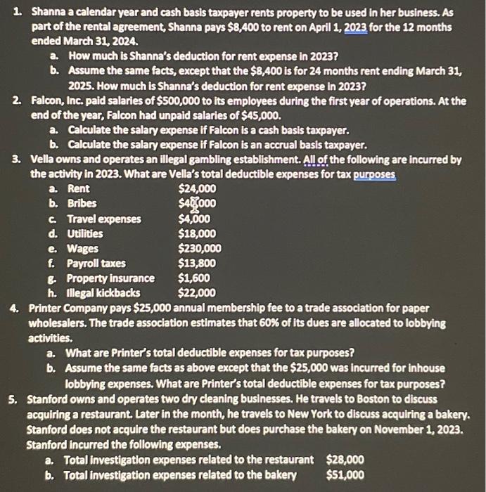 Solved 1. Shanna a calendar year and cash basis taxpayer