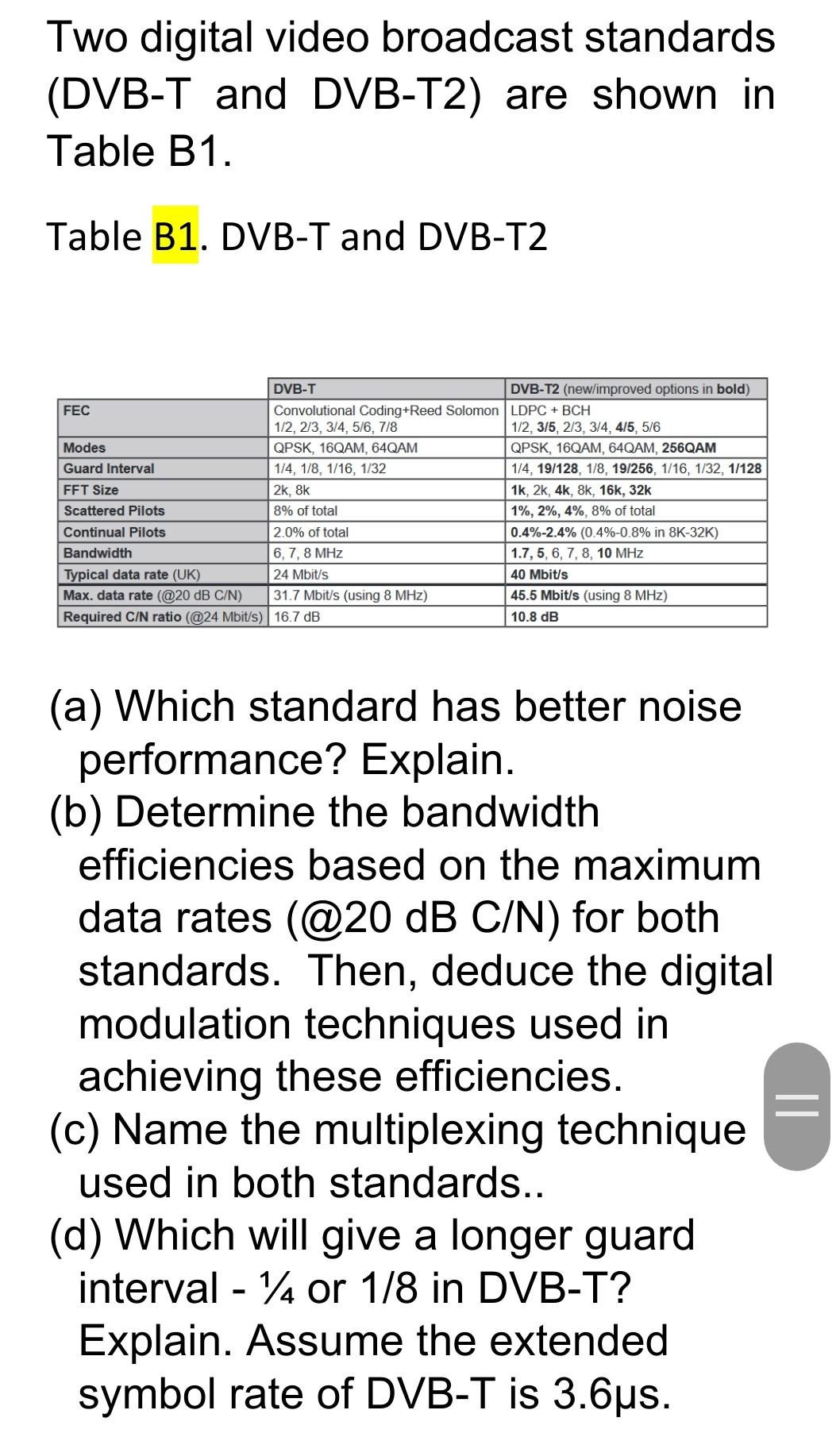 Solved Two Digital Video Broadcast Standards (DVB-T And | Chegg.com