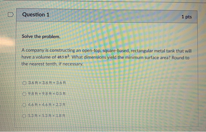 Solved Question 6 1 pts Solve the problem. A rectangular | Chegg.com