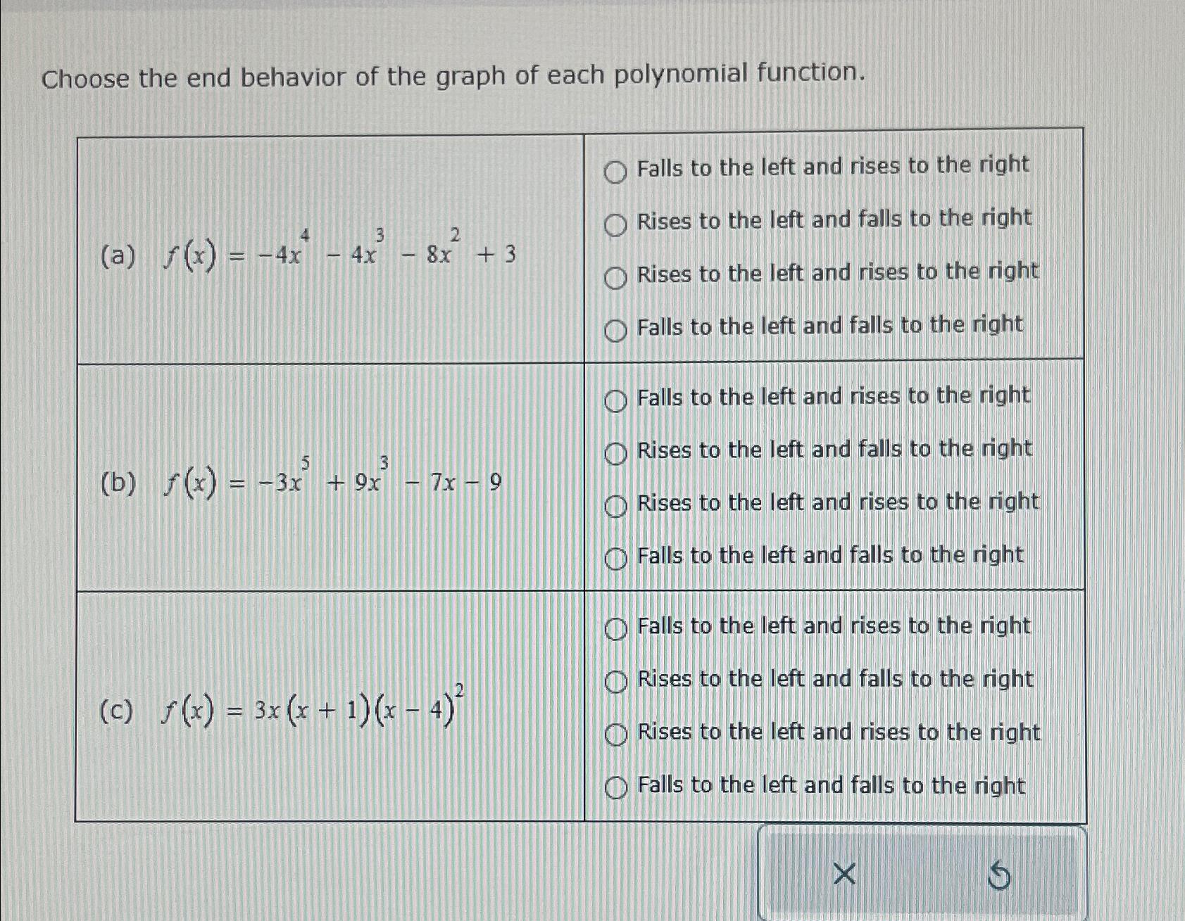 Solved Choose the end behavior of the graph of each | Chegg.com