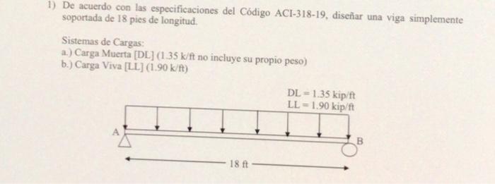 1) De acuerdo con las especificaciones del Código ACI-318-19, diseñar una viga simplemente soportada de 18 pies de longitud.