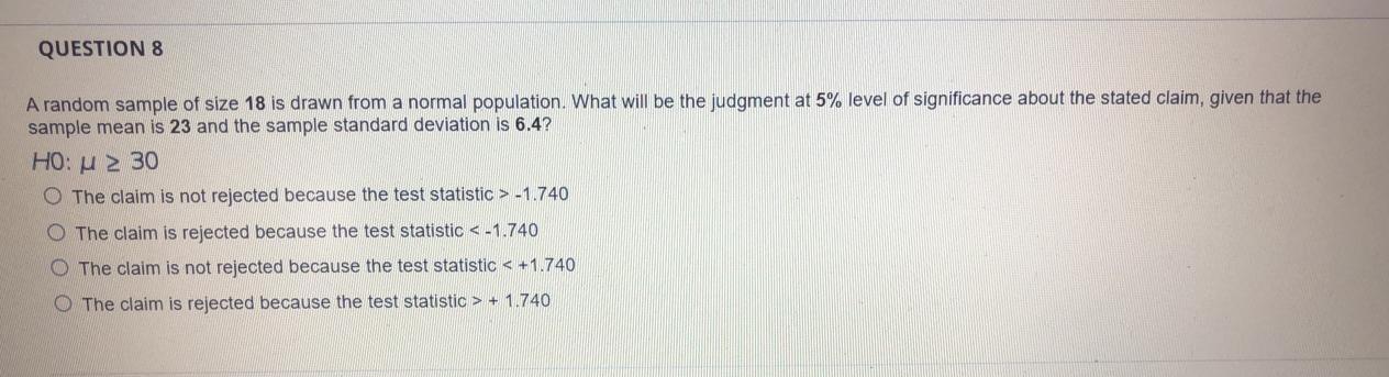 Solved QUESTION 8 A random sample of size 18 is drawn from a | Chegg.com