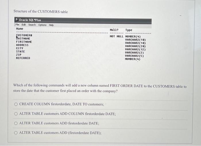 Solved Structure of the CUSTOMERS table Which of the | Chegg.com