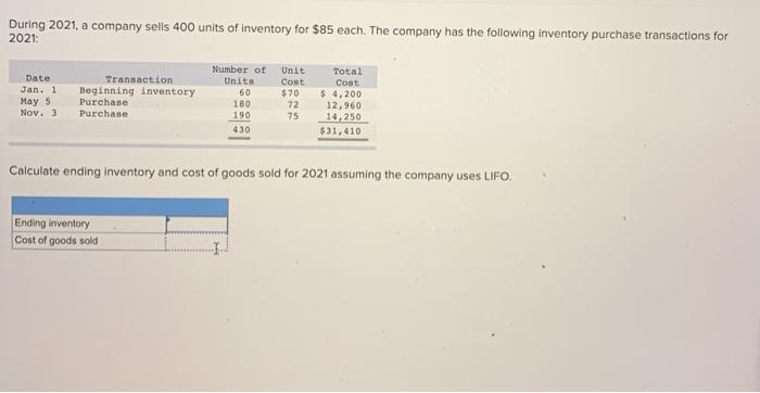 Solved During 2021, a company sells 400 units of inventory | Chegg.com