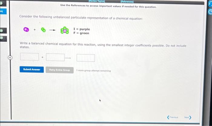 Consider the following unbalanced particulate representation of a chemical equation:
\[
0+8 \rightarrow \begin{array}{l}
I=\t