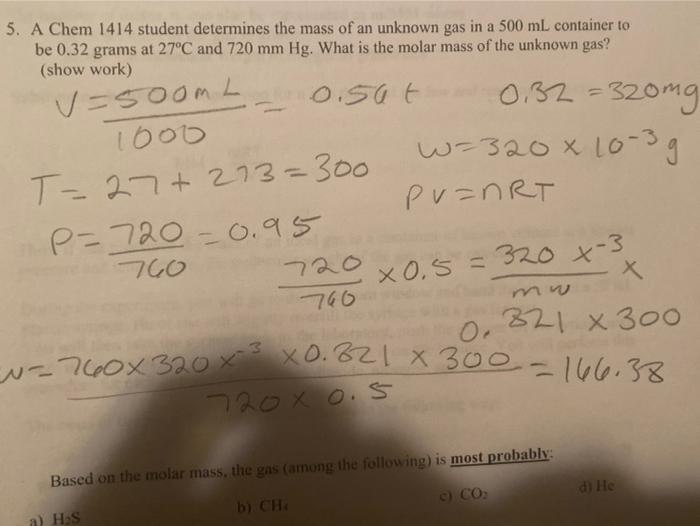 Solved 5. A Chem 1414 student determines the mass of an | Chegg.com