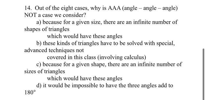 Solved 14. Out of the eight cases, why is AAA (angle - angle | Chegg.com