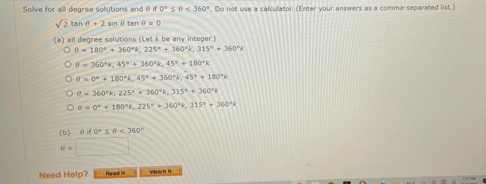 Solved Solve For All Degree Solutions And 0 If 050 360 Chegg Com