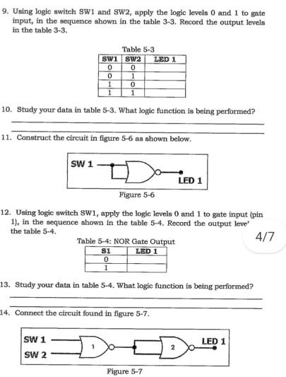 9. Using logic switch Sw1 and sw2, apply the logic levels 0 and 1 to gate input, in the sequence shown in the table 3-3. Reco