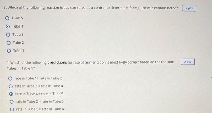 3. Which of the following reaction tubes can serve as a control to determine if the glucose is contaminated?
Tube 5
Tube 4
Tu