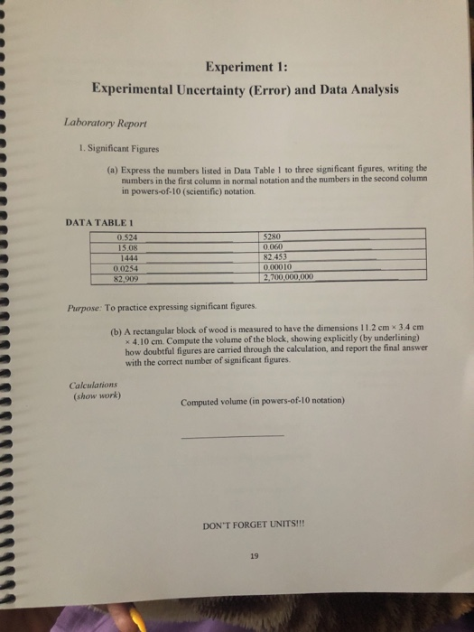 Experiment 1 Experimental Uncertainty Error And